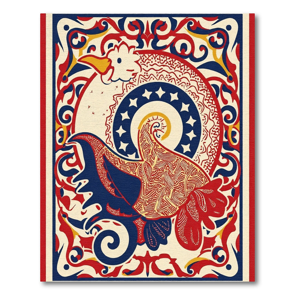 Bold Red Blue Rooster Medallion Rug