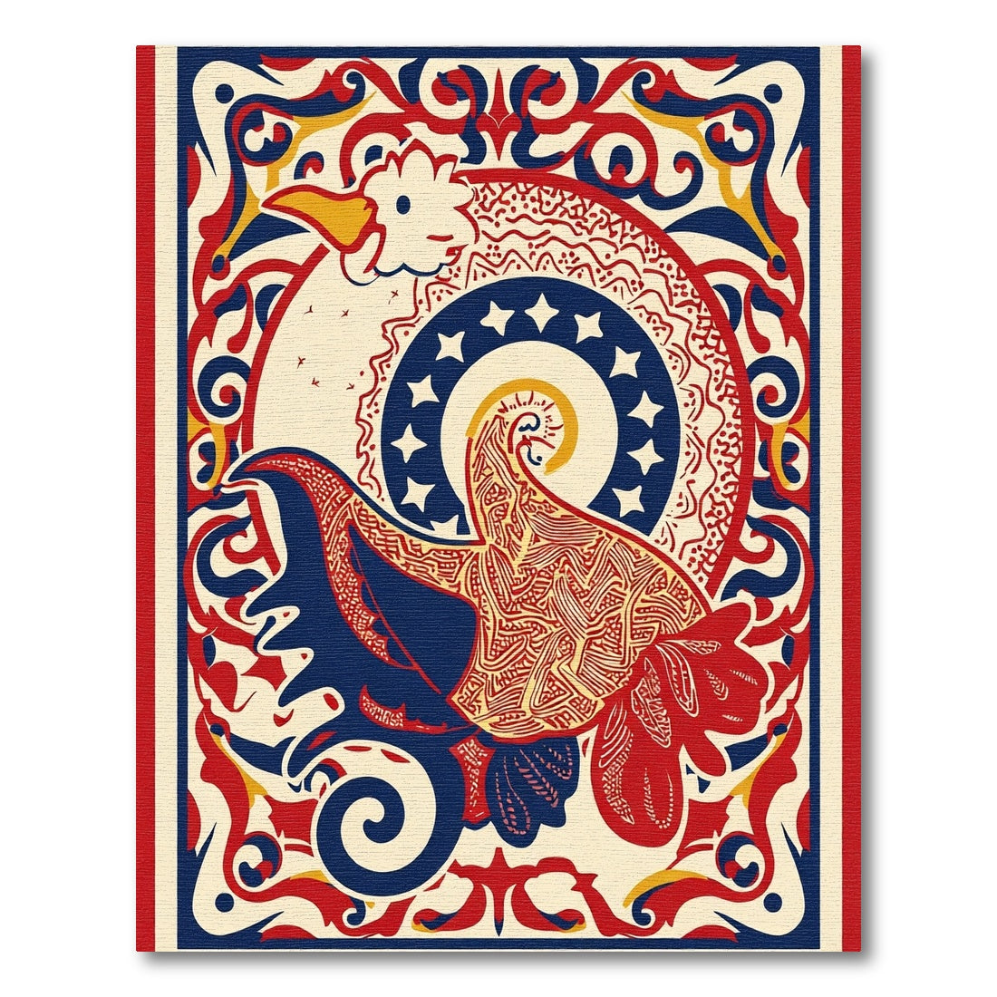 Bold Red Blue Rooster Medallion Rug