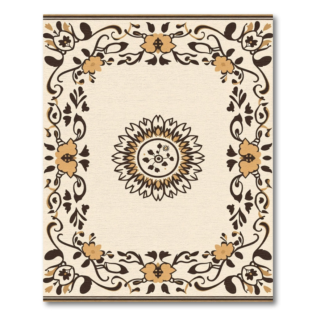 Golden Brown Floral Border Medallion Rug