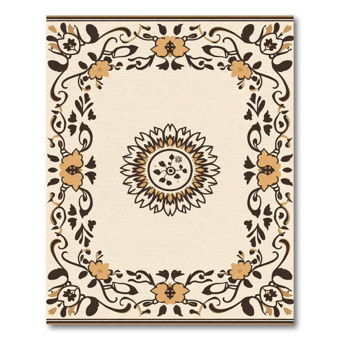 Golden Brown Floral Border Medallion Rug