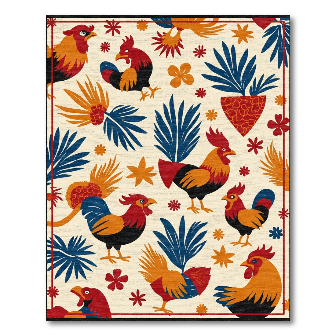 Bold Rooster Red Blue Orange FloralRug Rug