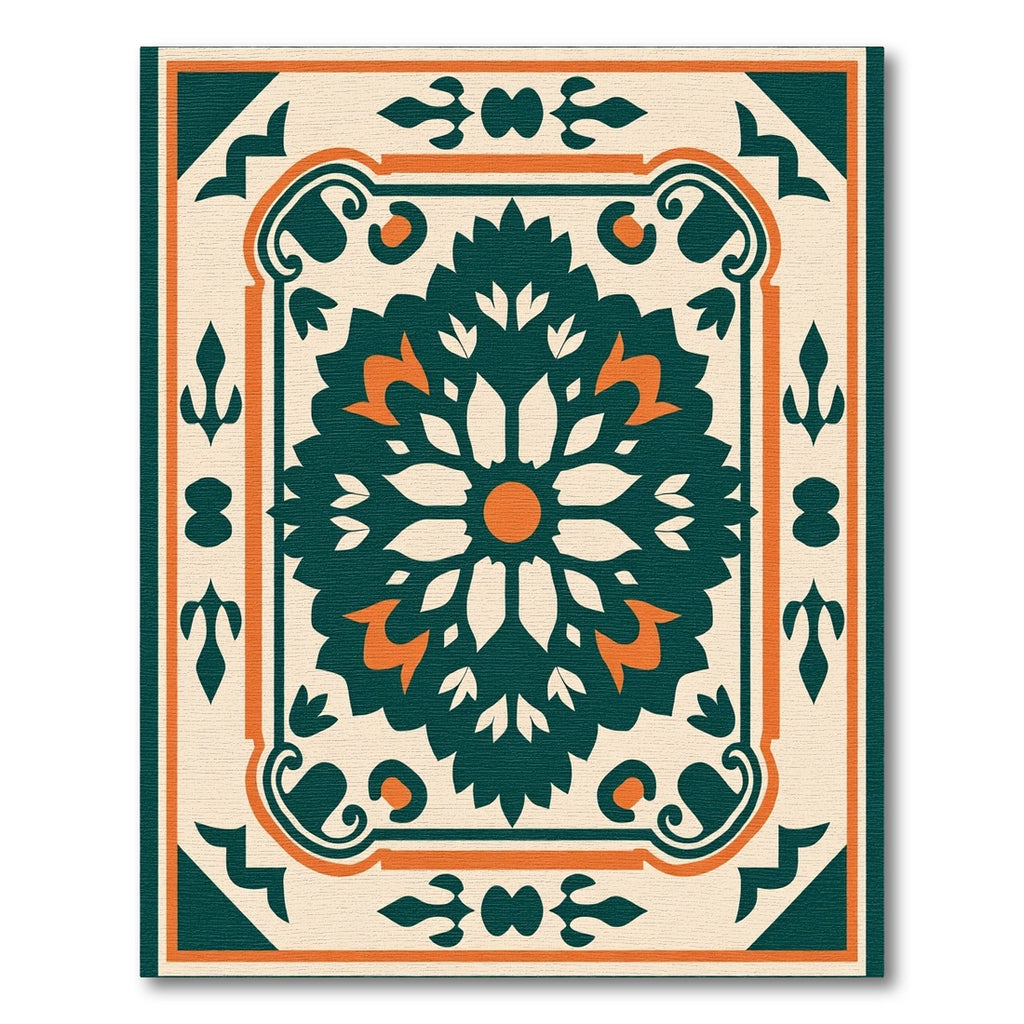 Deep Teal Orange Floral Medallion Rug