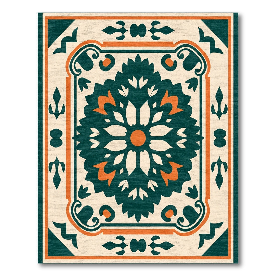 Deep Teal Orange Floral Medallion Rug