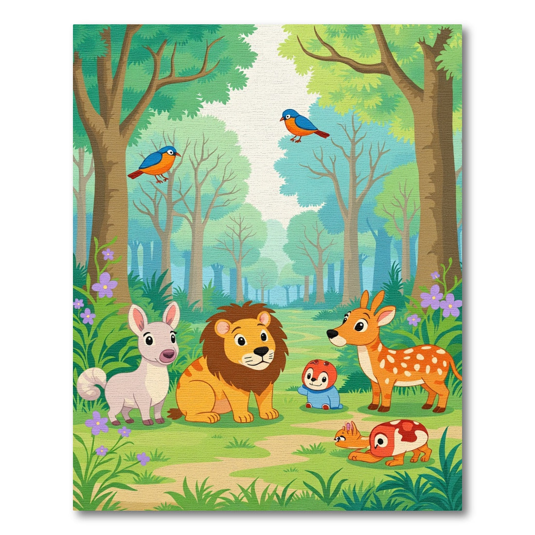 Whimsical Woodland Creatures Blue Bird Scene Rug