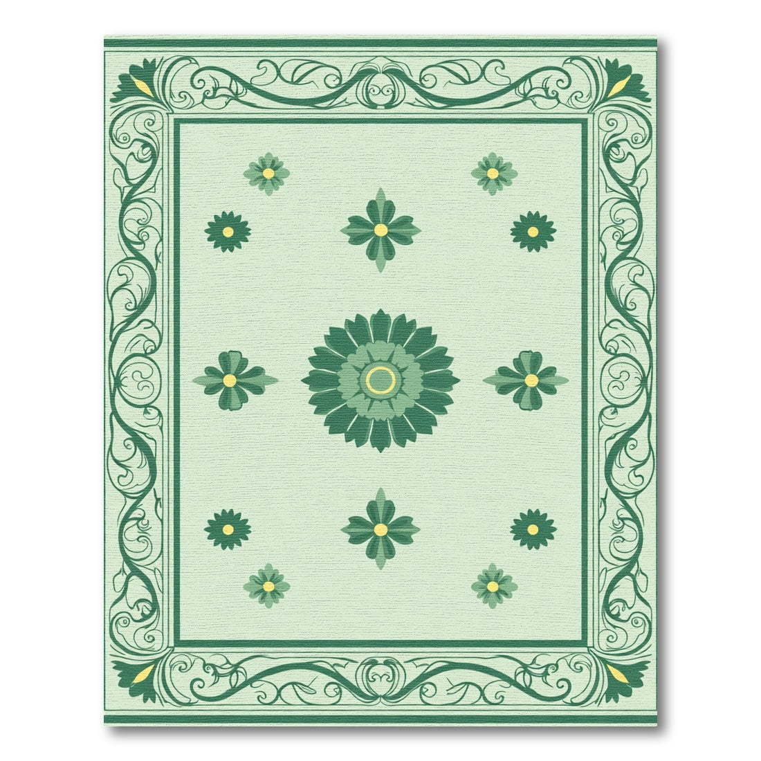 Pale Green Floral Medallion Border Rug