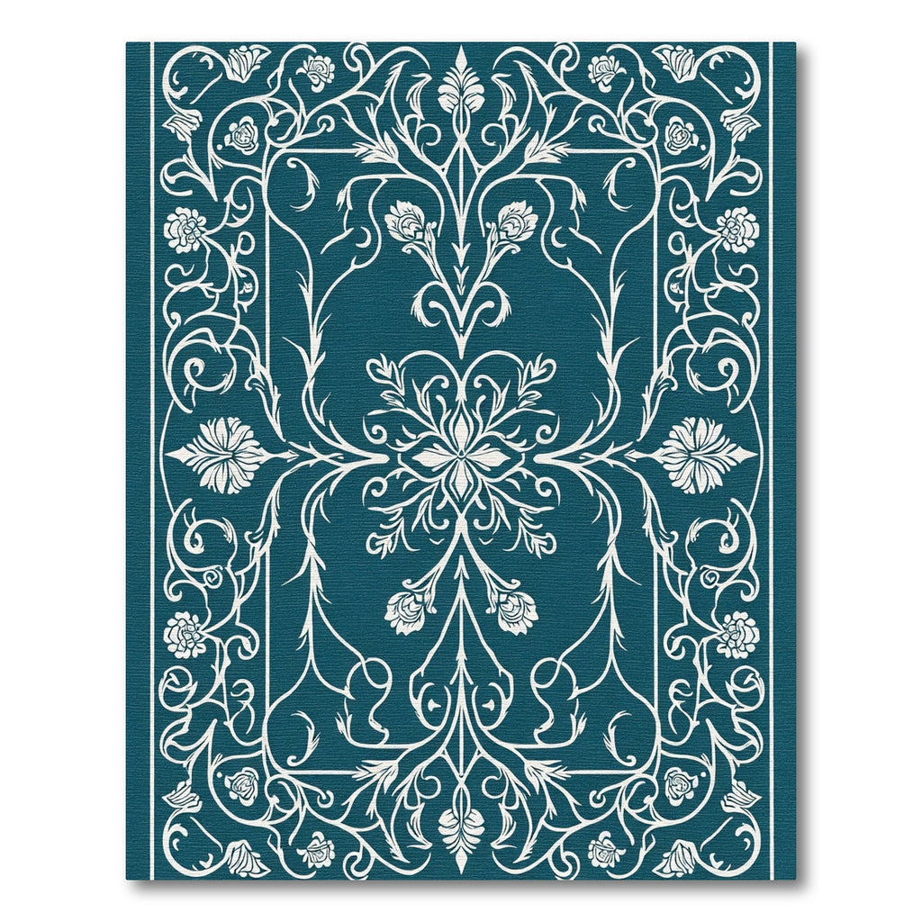 Elegant Teal White Floral Medallion Border Rug