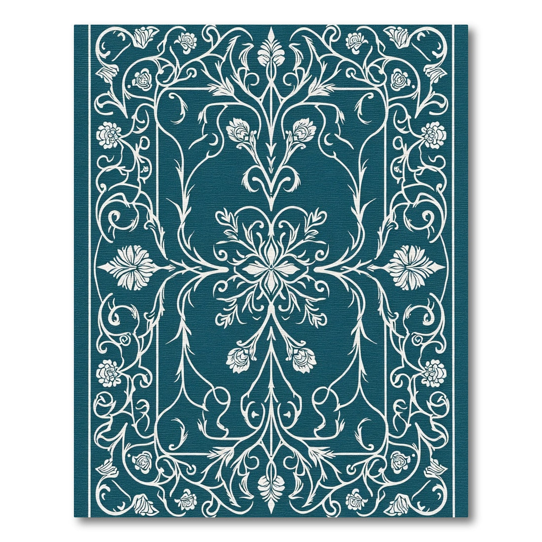 Elegant Teal White Floral Medallion Border Rug