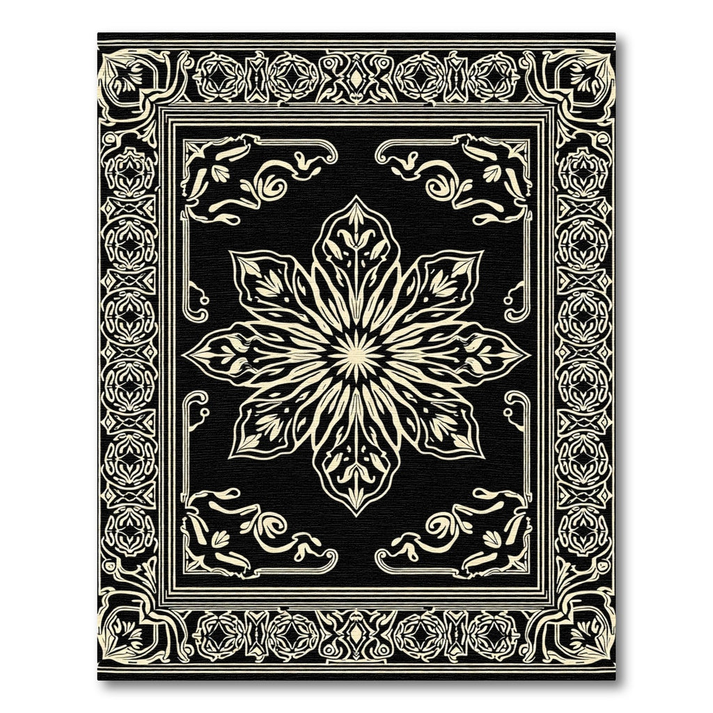 Black Cream Mandala Floral Frame Rug