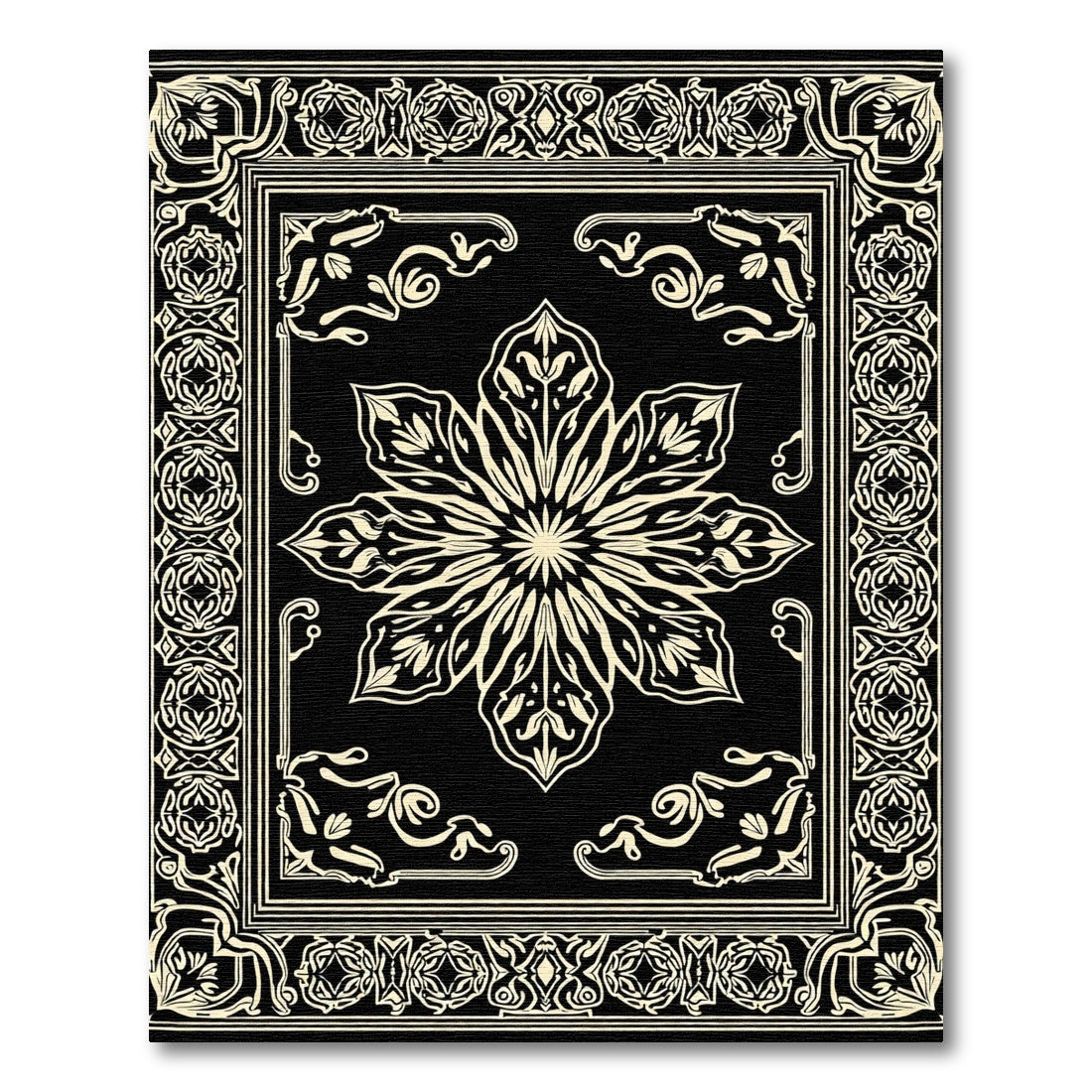 Black Cream Mandala Floral Frame Rug