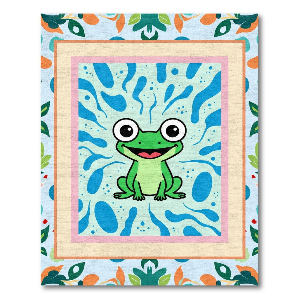 Smiling Green Frog Blue Swirls Rug
