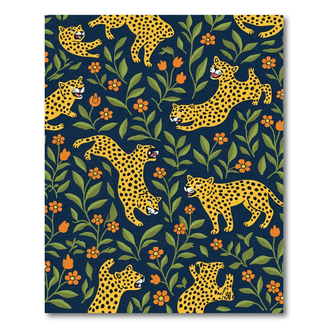 Playful Yellow Leopards Orange Flowers Rug