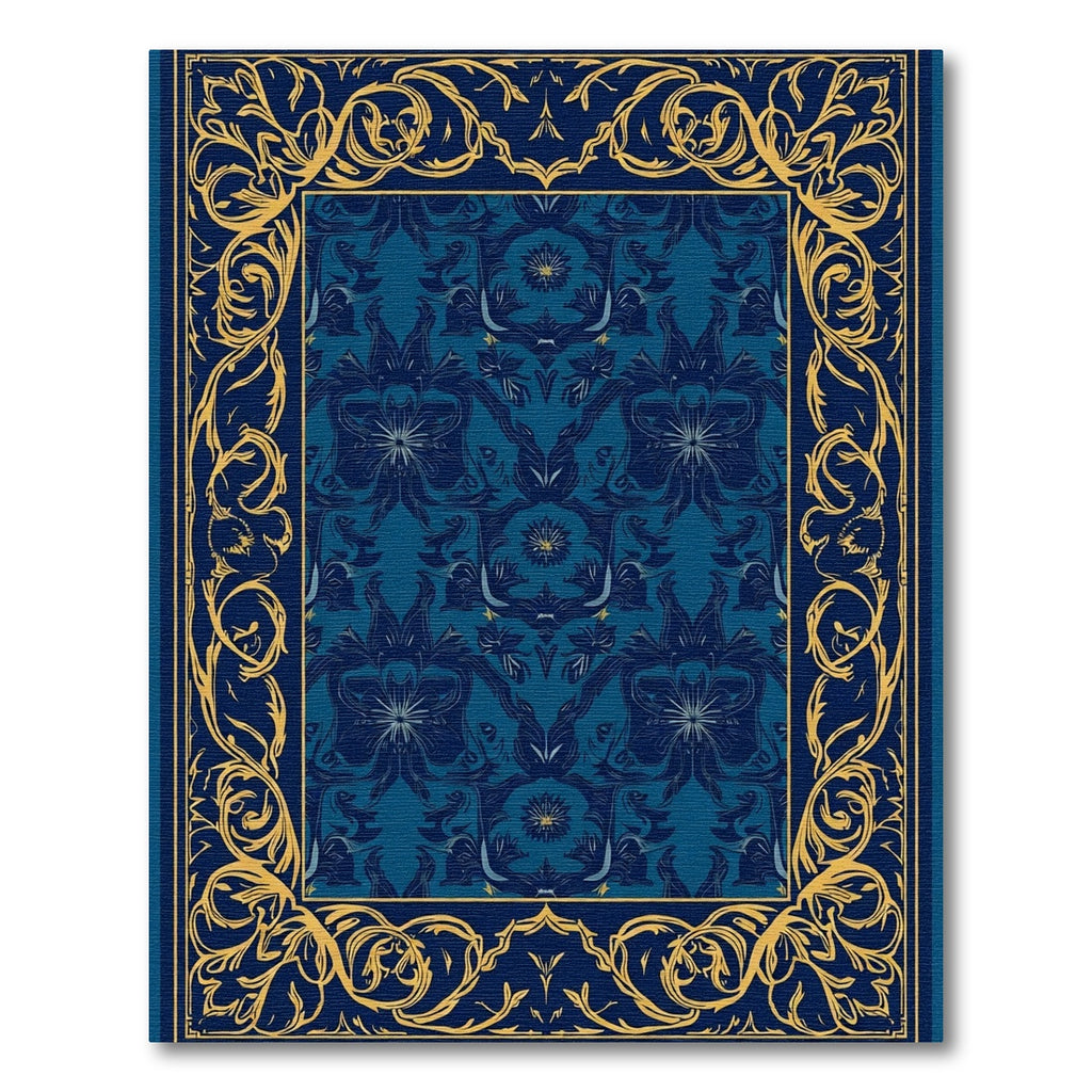 Deep Blue Gilded Floral Scroll Border Rug