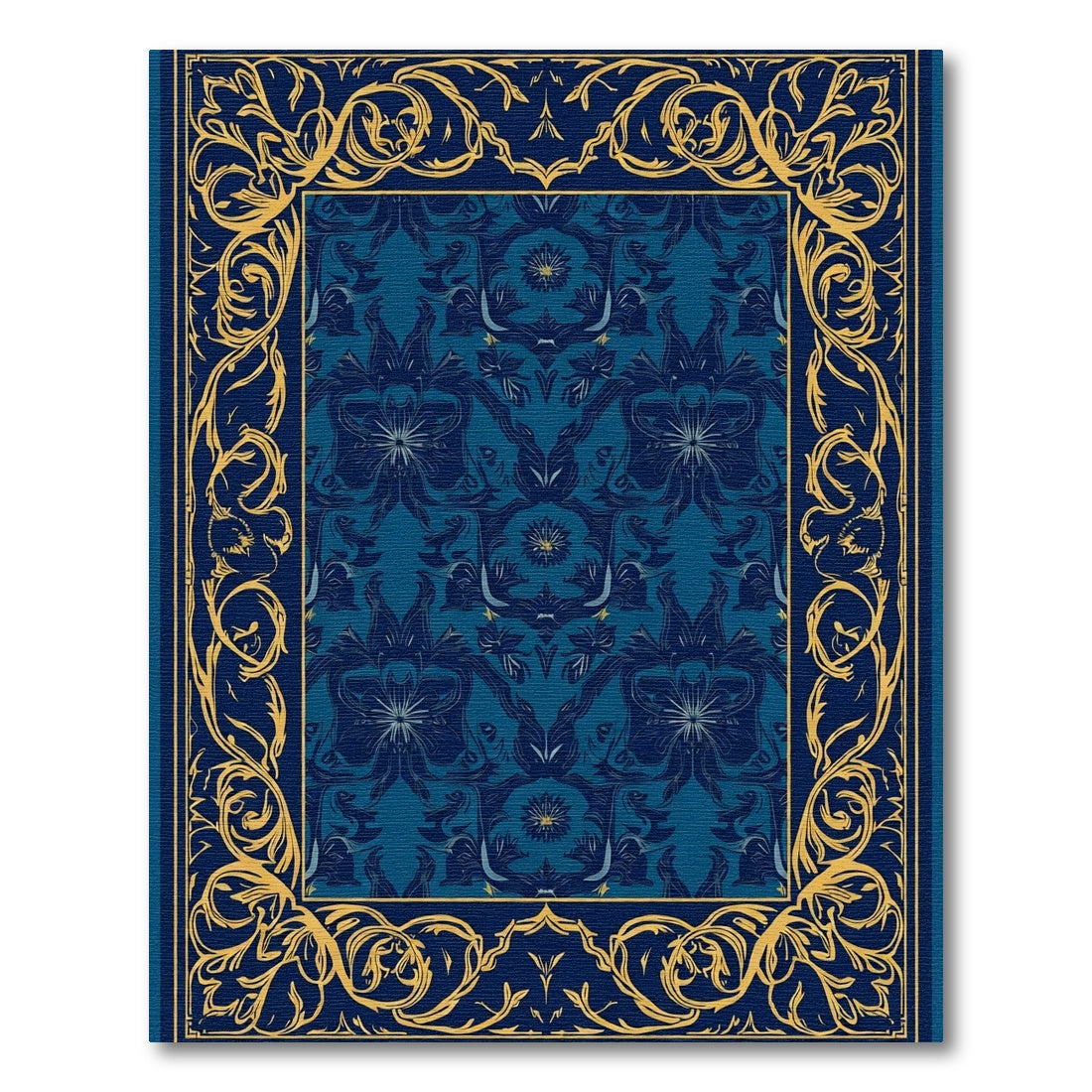 Deep Blue Gilded Floral Scroll Border Rug