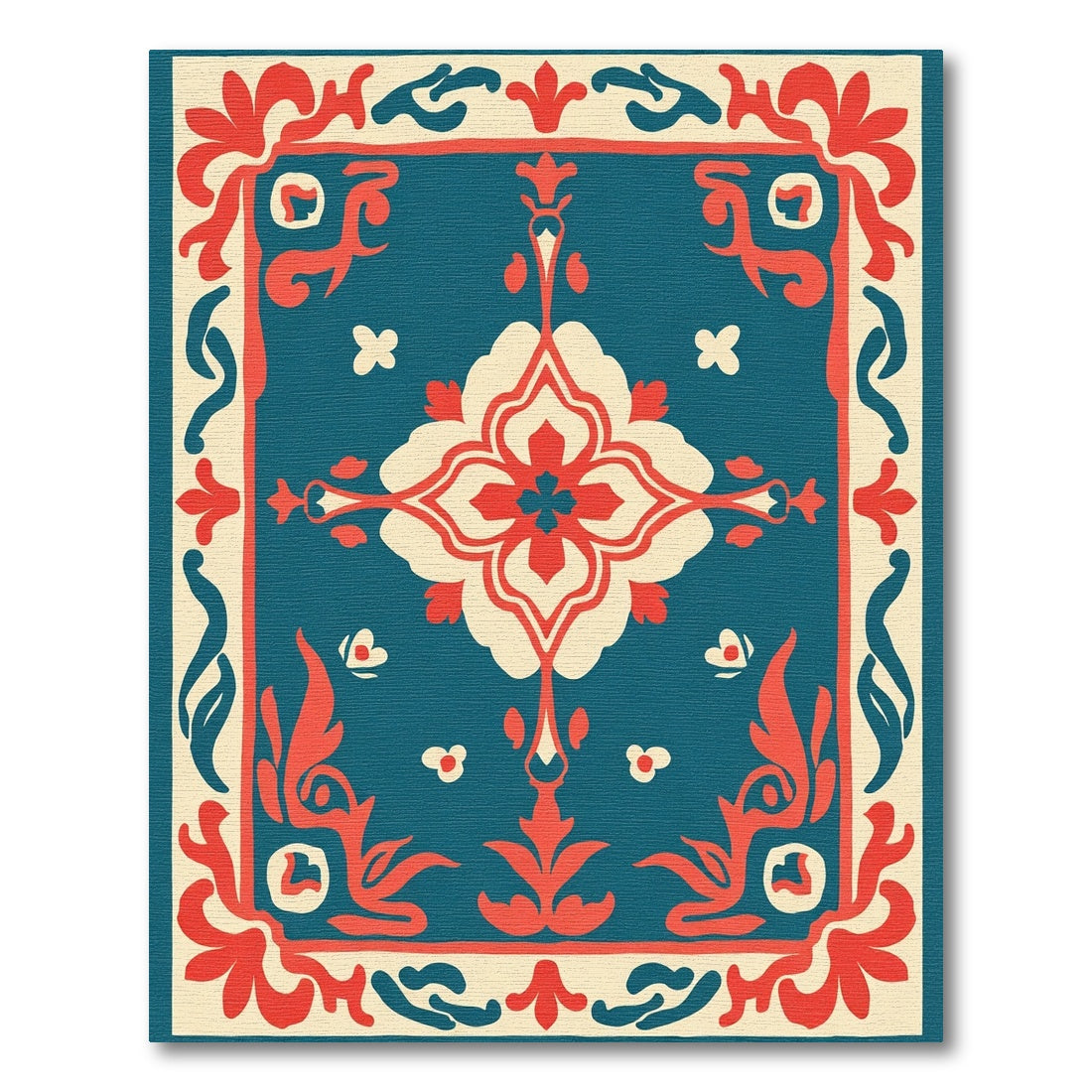 Teal Coral Floral Medallion Border Rug