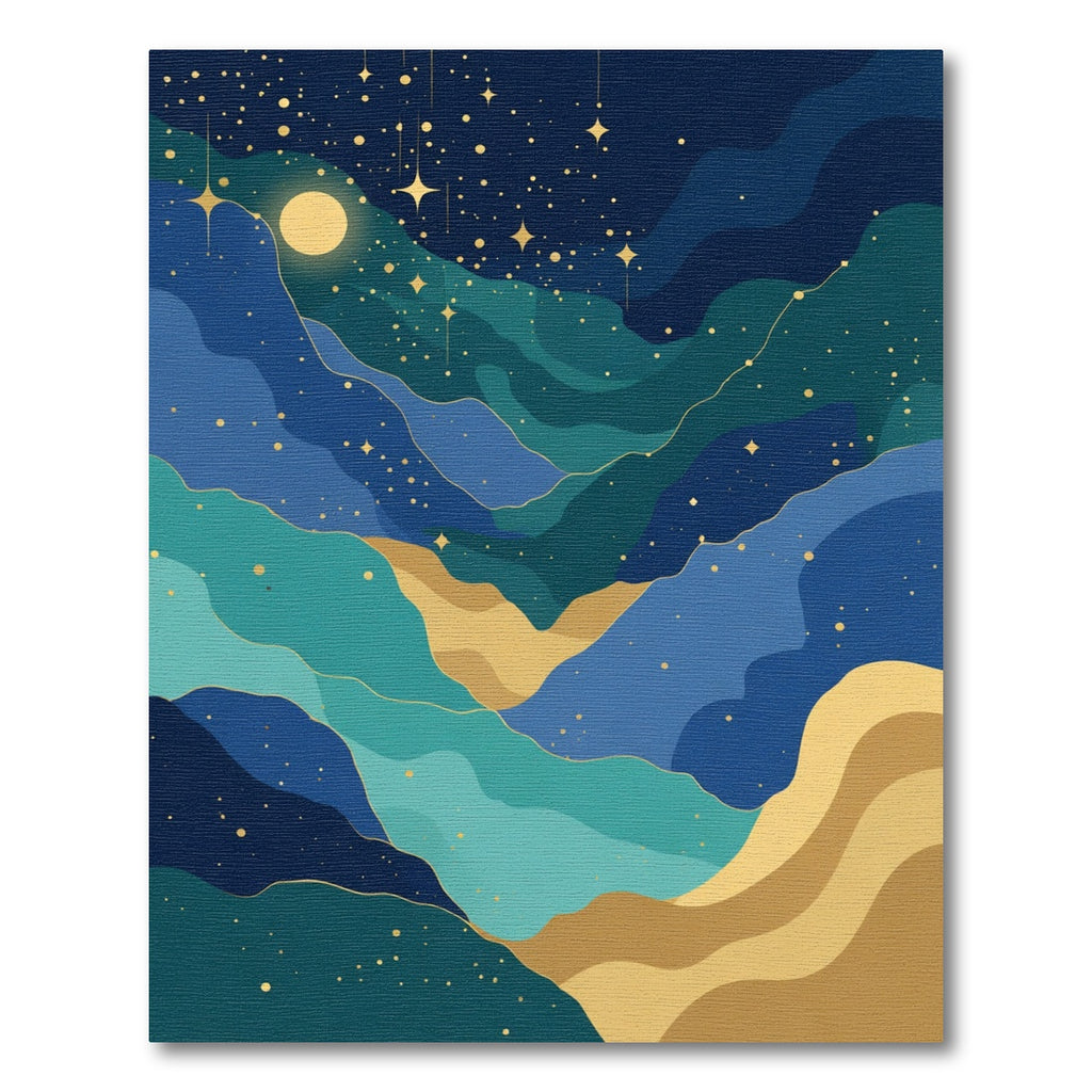 Deep Blue Gold Celestial Landscape Rug