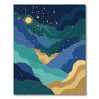 Deep Blue Gold Celestial Landscape Rug