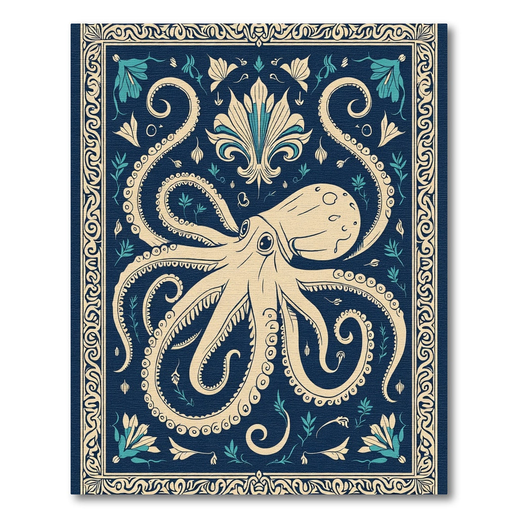 Navy Blue Cream Octopus Floral Rug