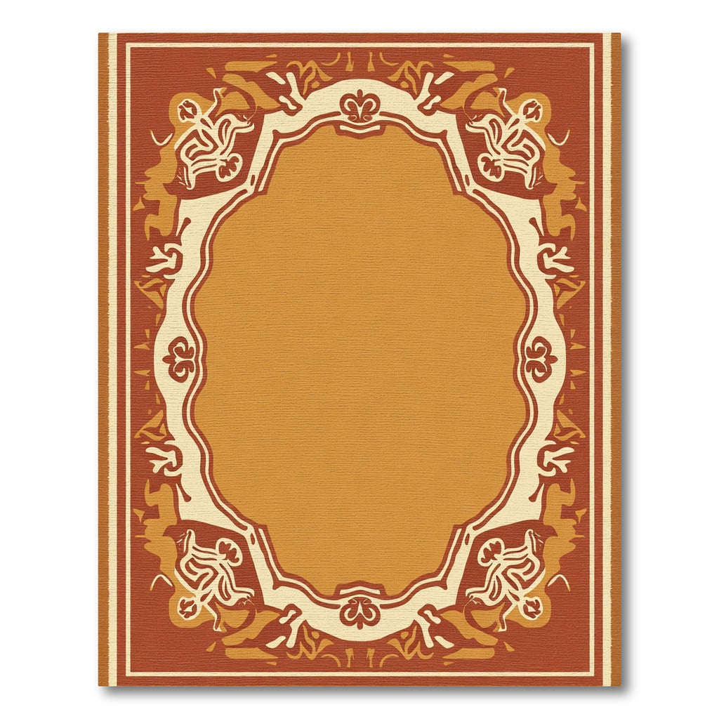 Earthy Ochre Ornamental Scroll Frame Rug