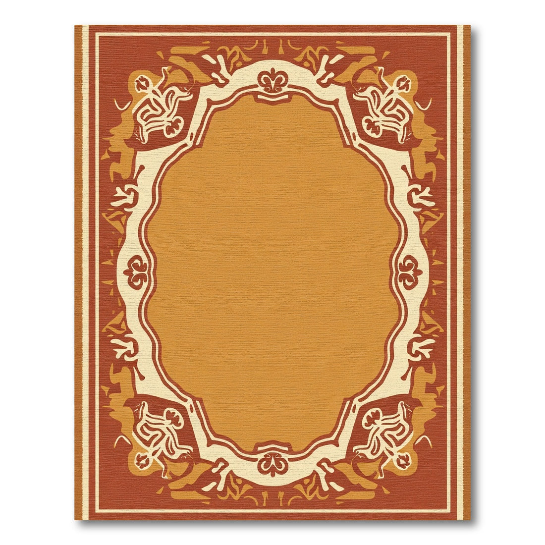 Earthy Ochre Ornamental Scroll Frame Rug