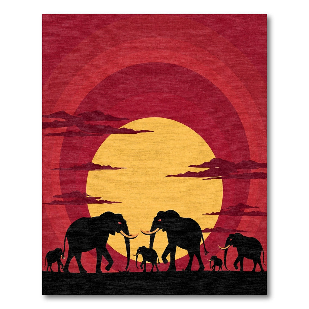 Crimson Sunset Elephant Herd Silhouette Rug