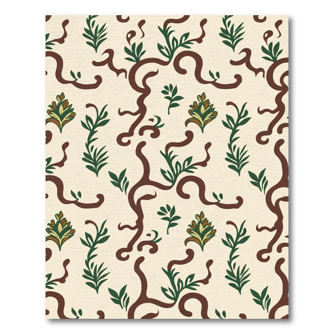Cream Brown Green Vine Foliage Rug