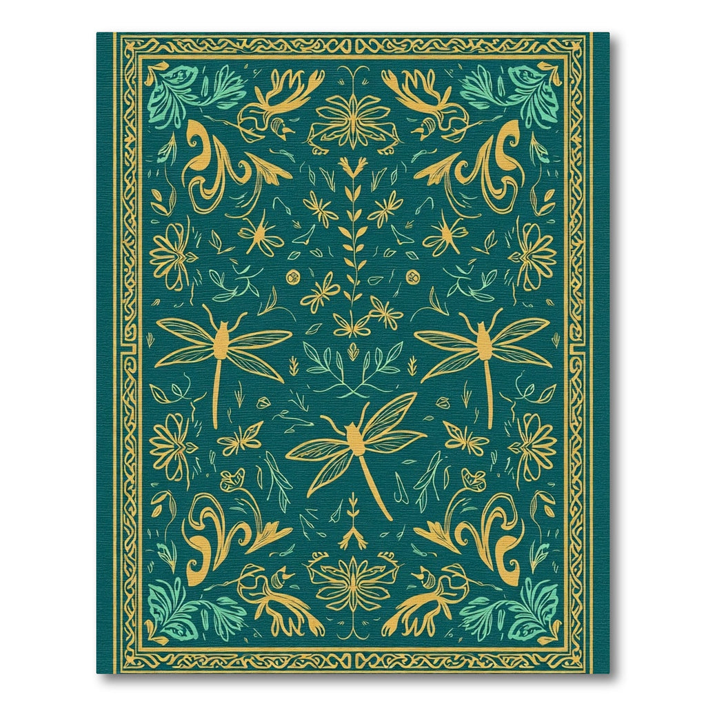 Teal Golden Dragonfly Floral Composition Rug