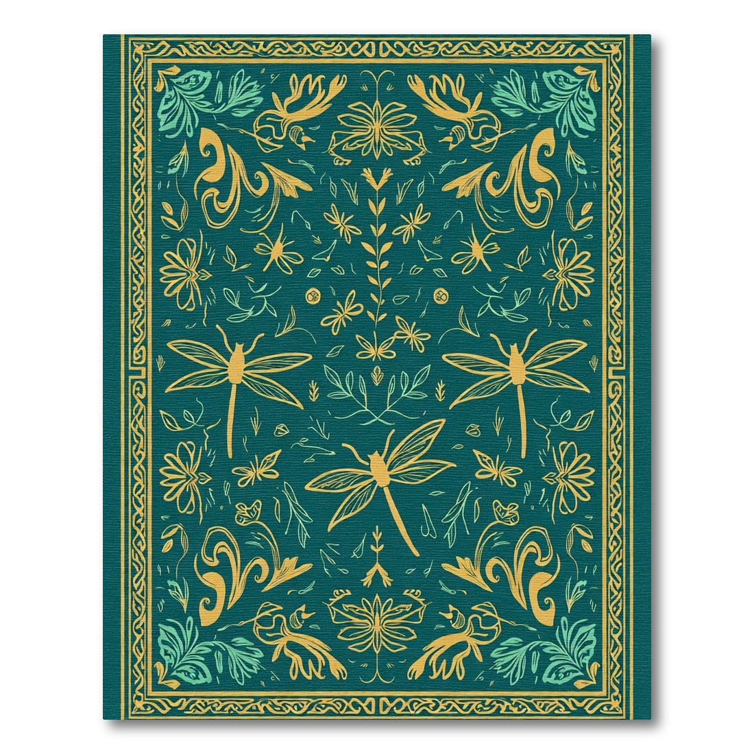 Teal Golden Dragonfly Floral Composition Rug