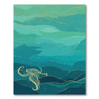 Oceanic Teal Gold Octopus Waves Rug