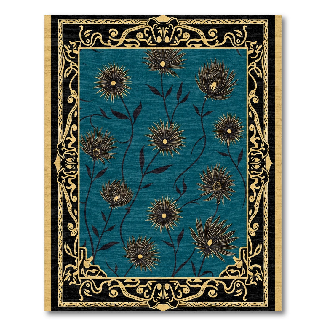 Golden Floral Swirl Teal Rug