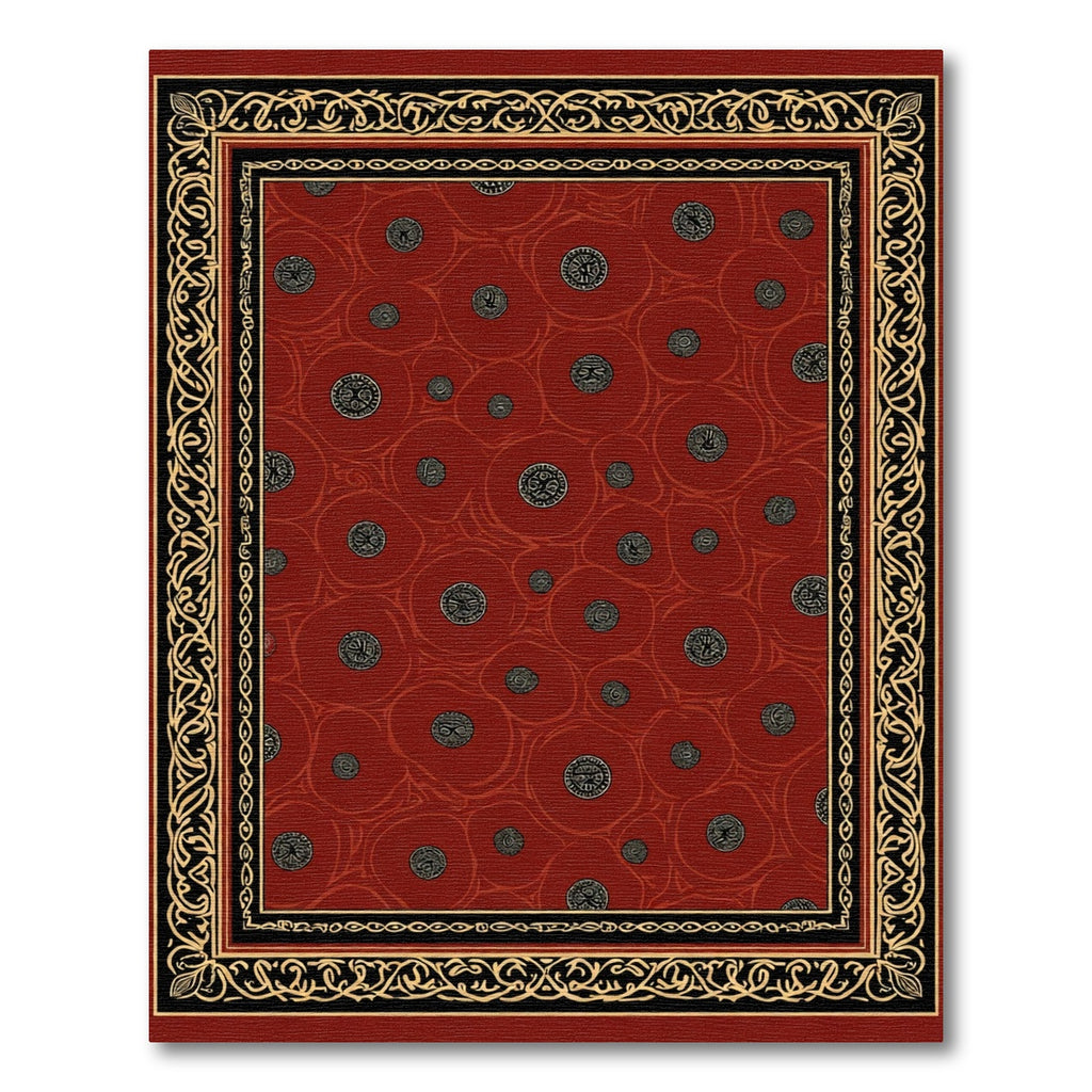 Crimson Medieval Coin Medallion Border Rug