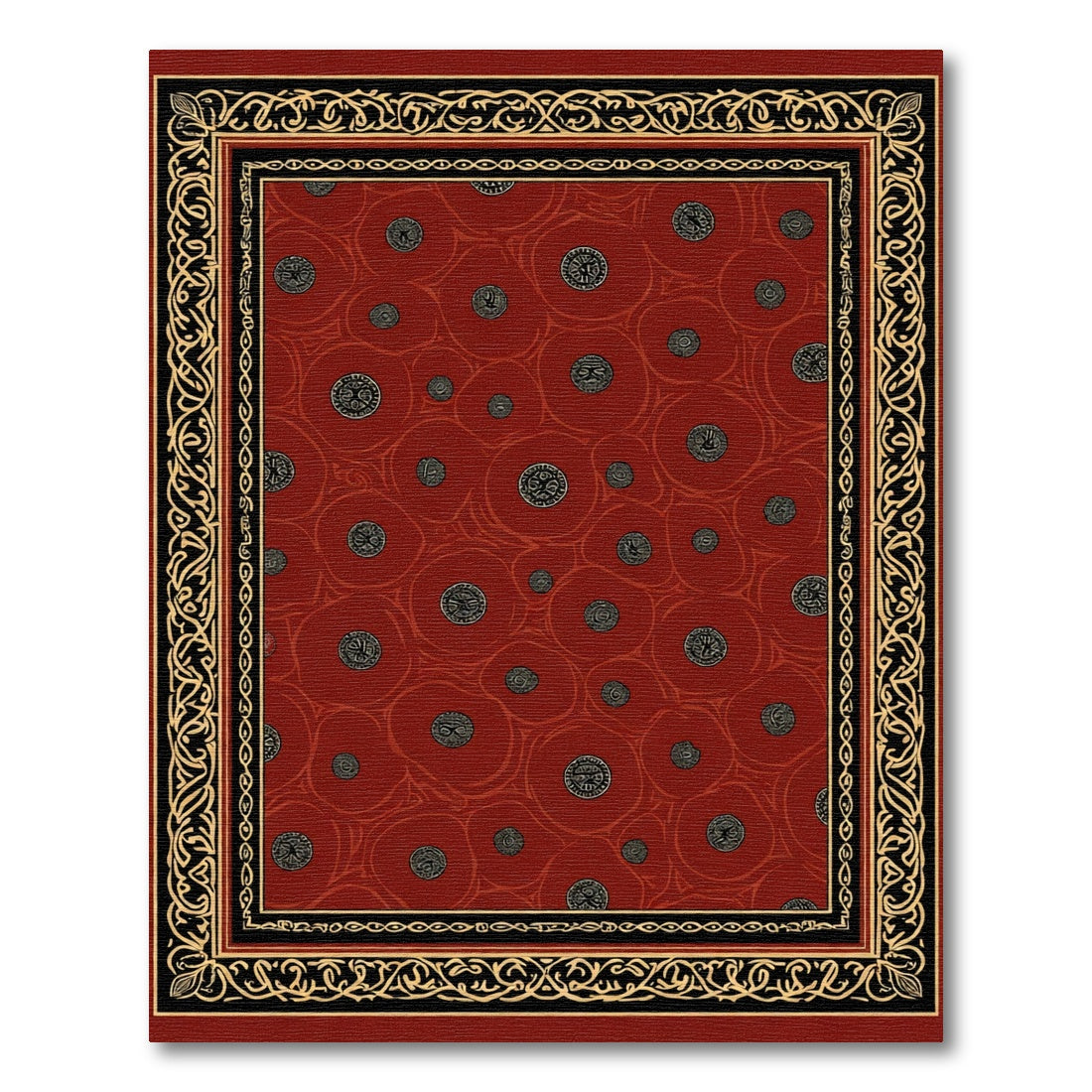 Crimson Medieval Coin Medallion Border Rug