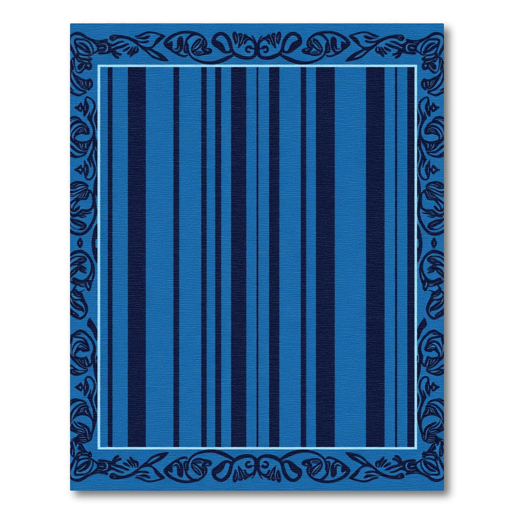 Classic Blue Striped Ornate Frame Rug
