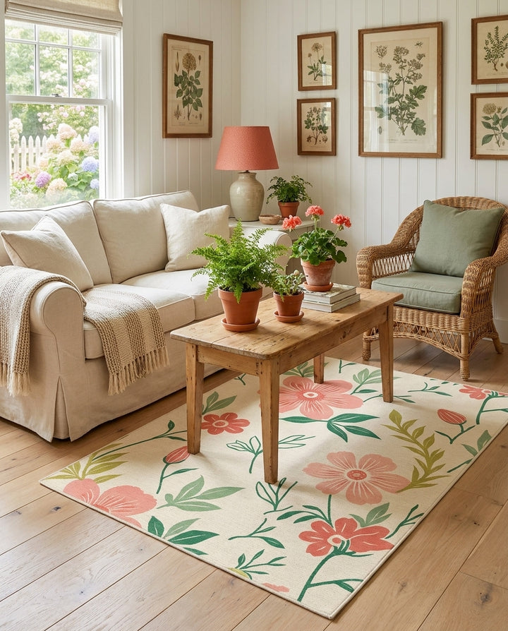 Coral Pink Watercolor Floral Vines Rug