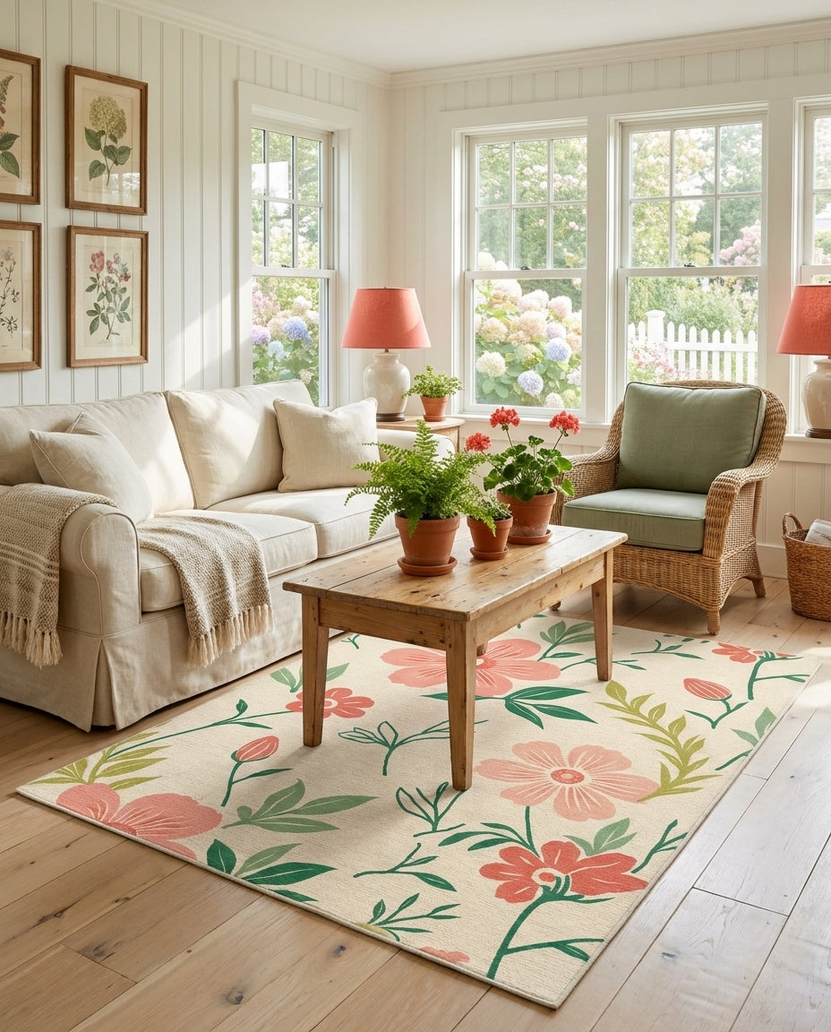 Coral Pink Watercolor Floral Vines Rug