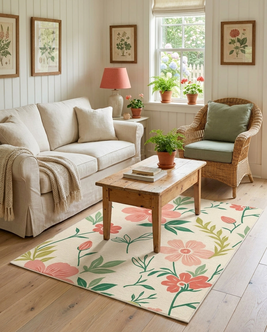 Coral Pink Watercolor Floral Vines Rug