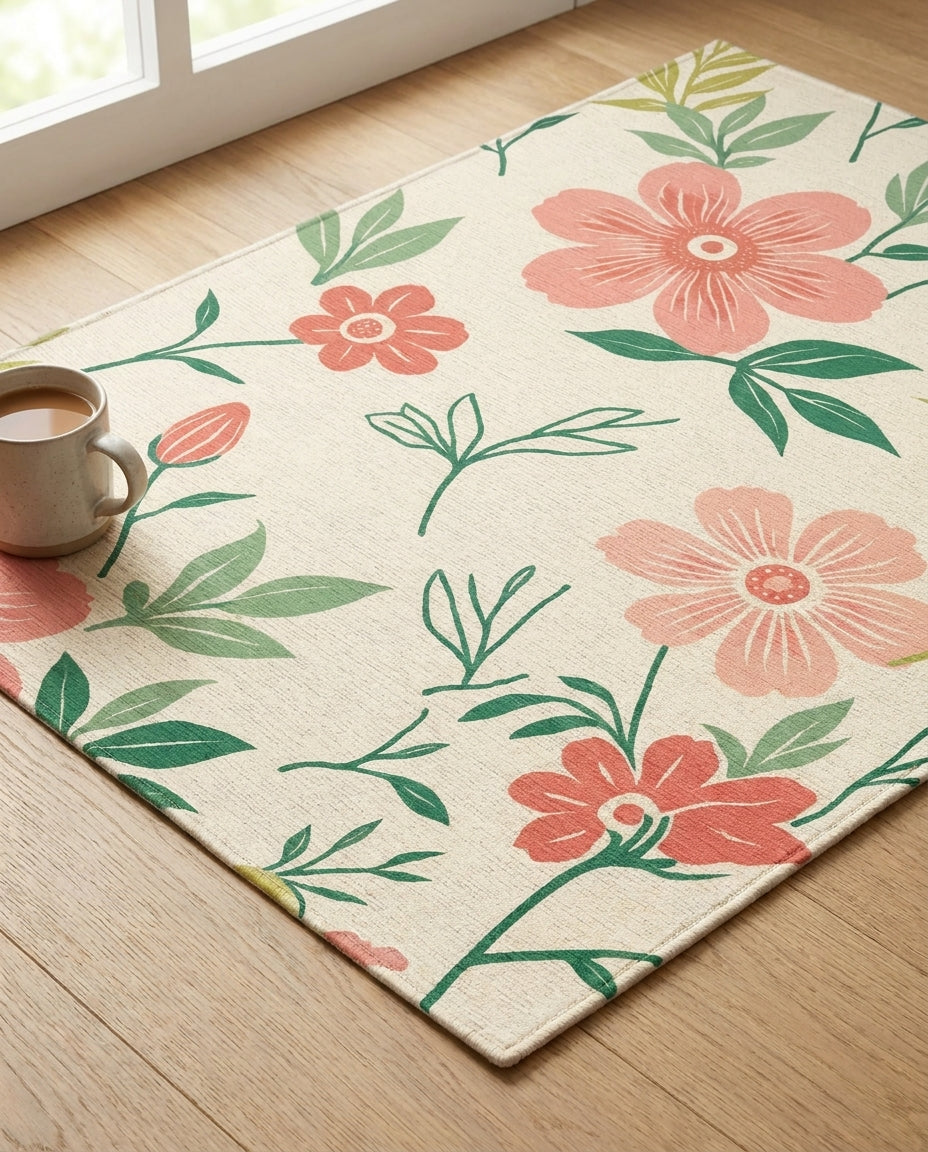 Coral Pink Watercolor Floral Vines Rug