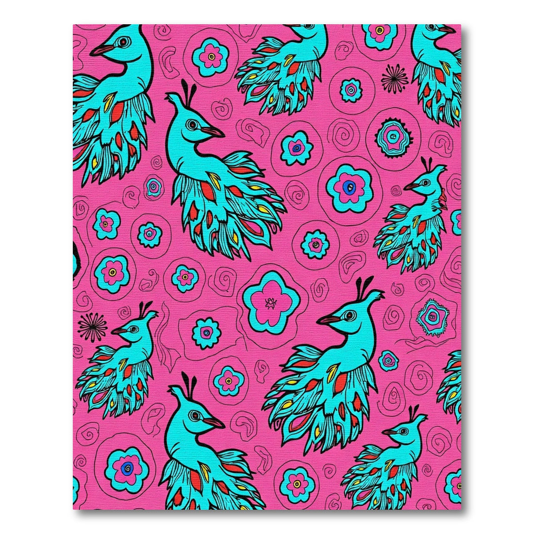 Turquoise Peacock Pink Floral Whimsical Rug