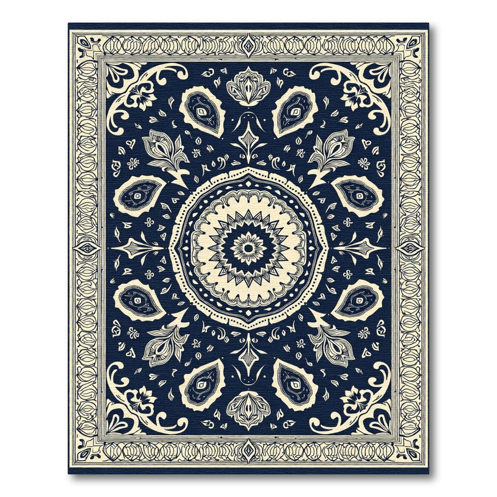 Navy Ivory Medallion Paisley Border Rug