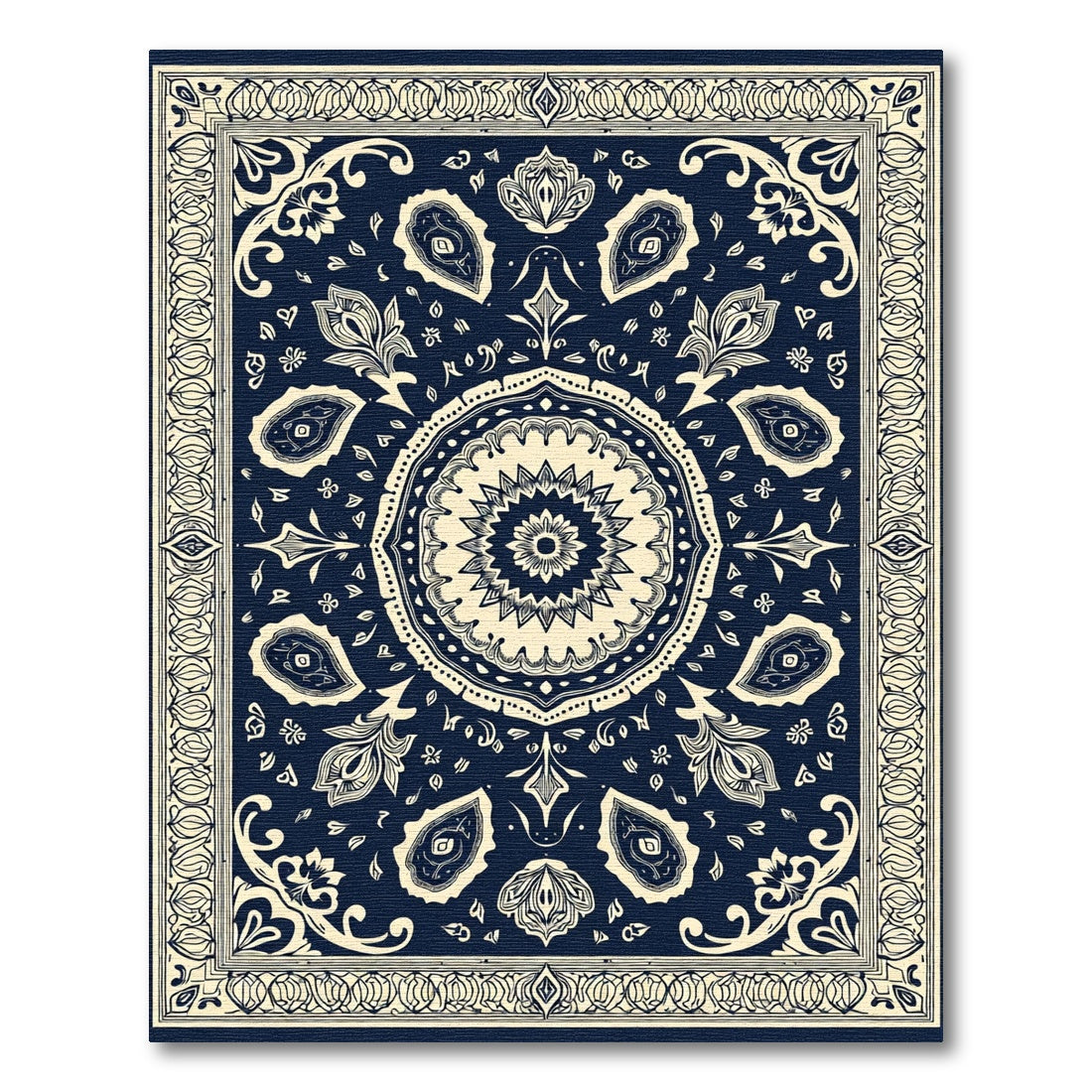 Navy Ivory Medallion Paisley Border Rug