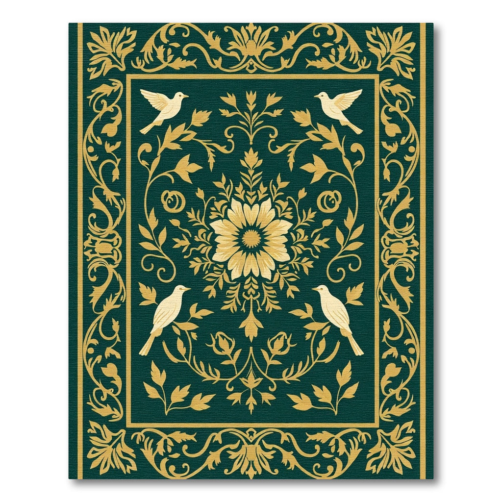 Emerald Gold Floral Bird Medallion Rug