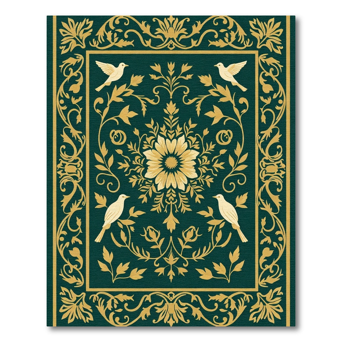 Emerald Gold Floral Bird Medallion Rug