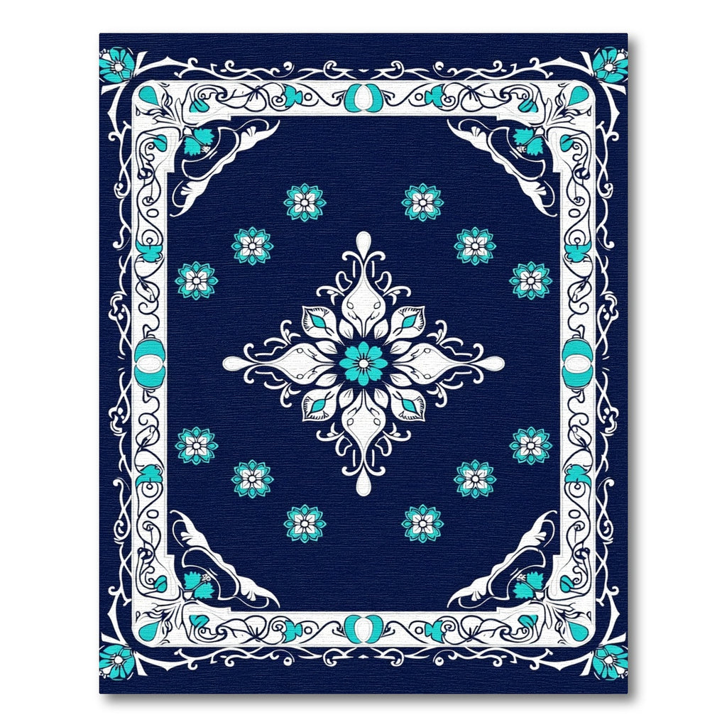 Navy Blue Turquoise Floral Diamond Medallion Rug