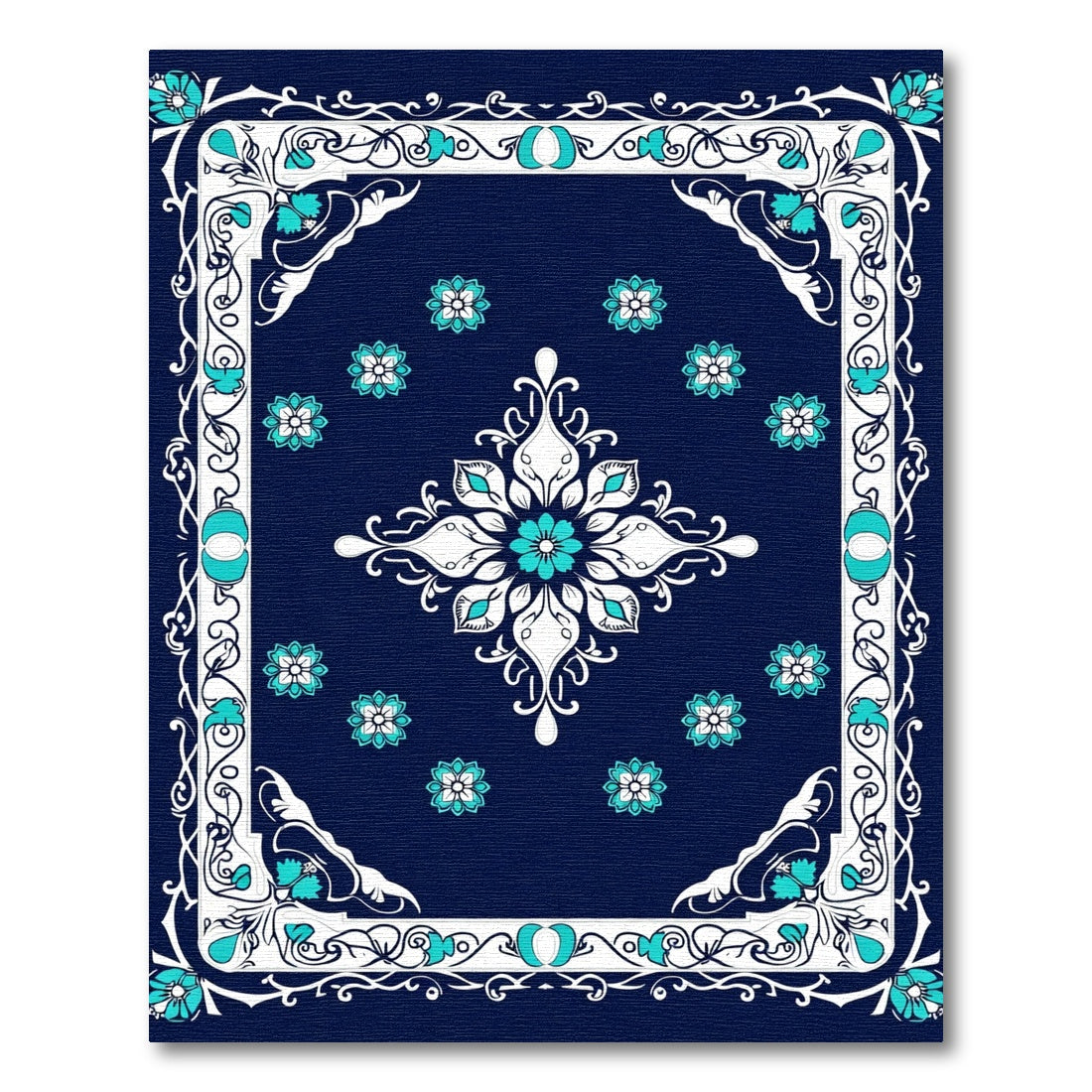 Navy Blue Turquoise Floral Diamond Medallion Rug