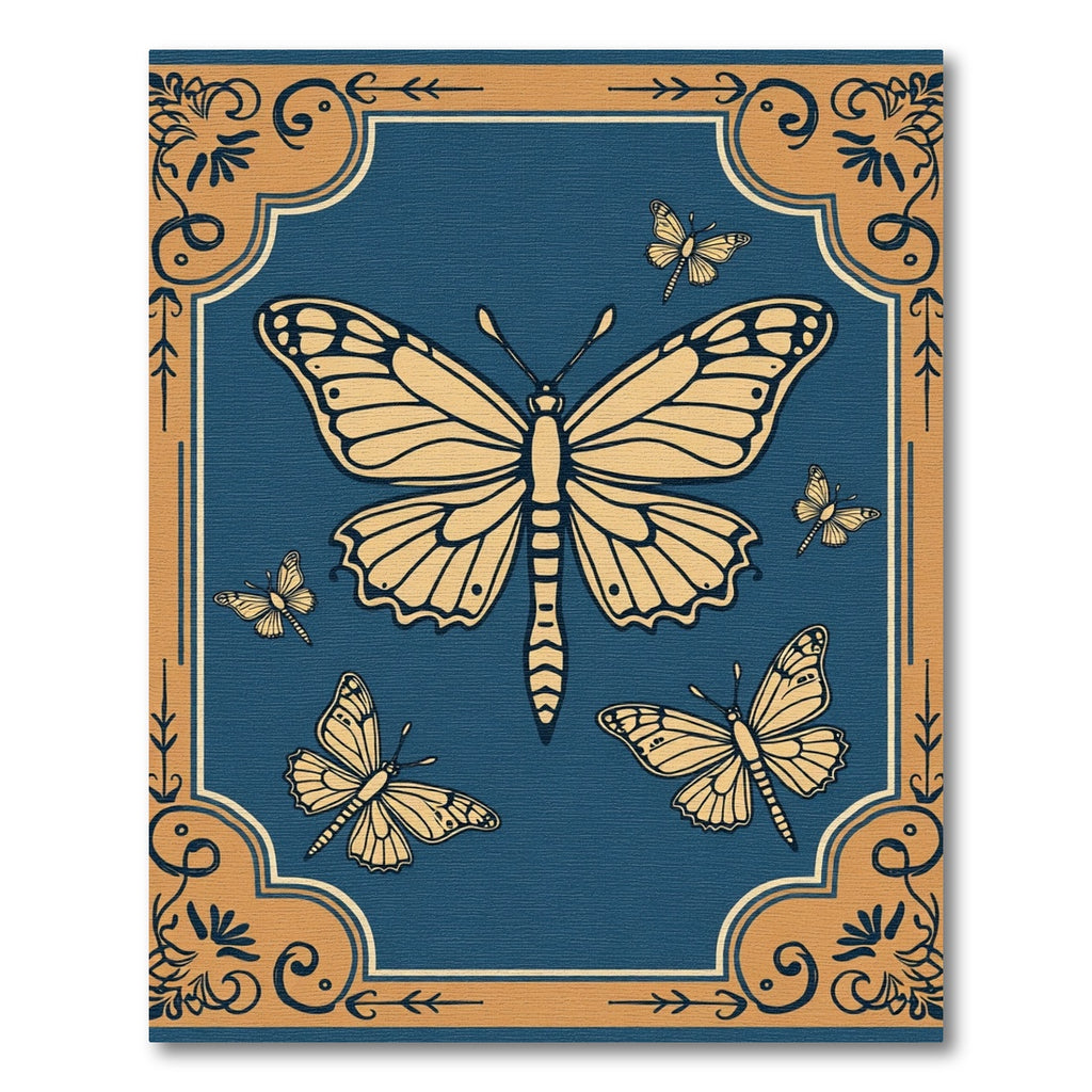 Golden Butterflies on Deep Blue Background Rug