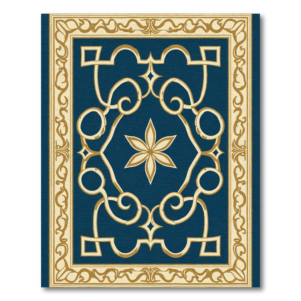 Navy Blossom Scrolling Border Rug