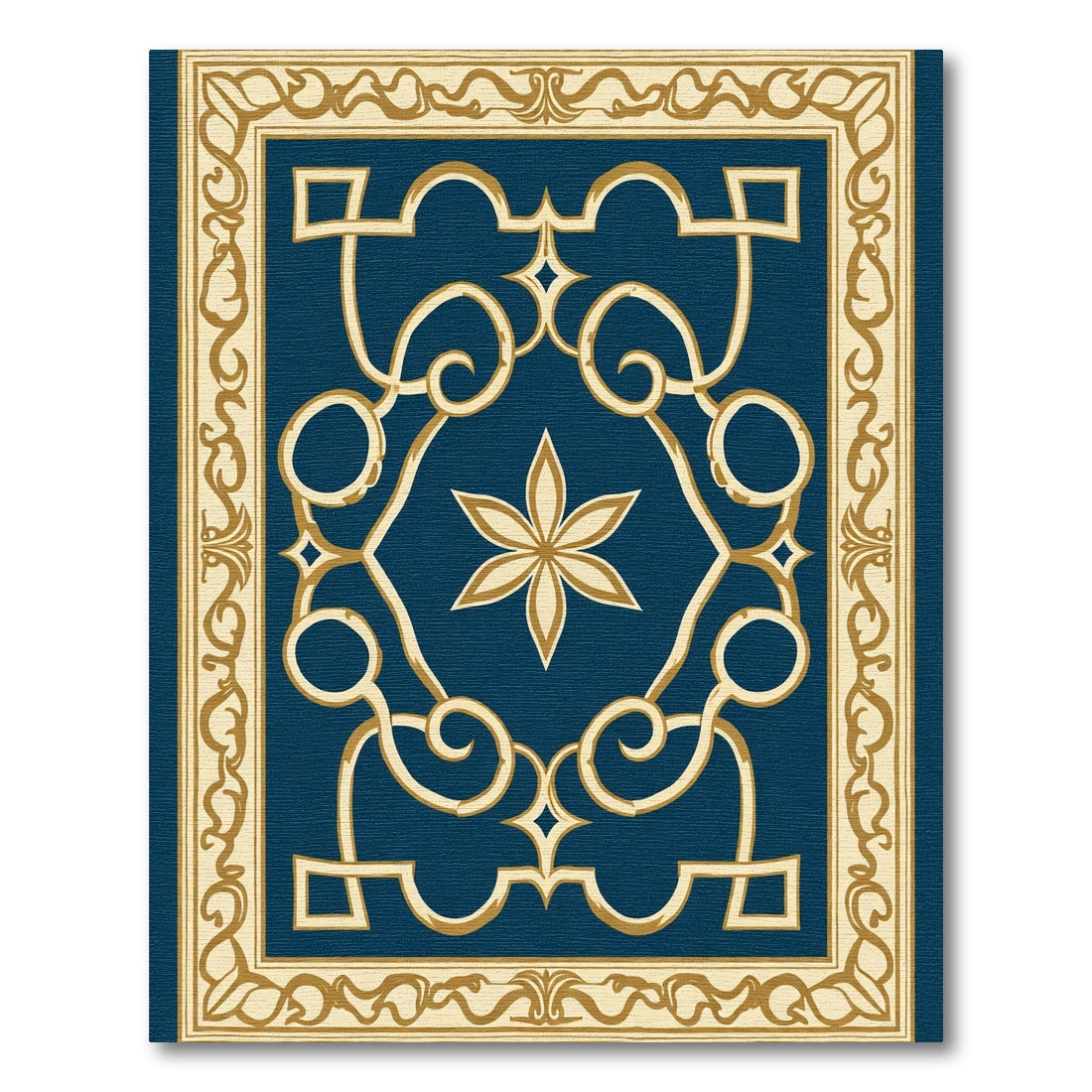 Navy Blossom Scrolling Border Rug