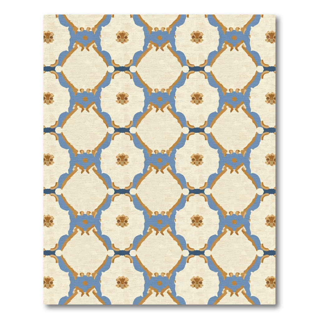 Cream Blue Gold Floral Lattice Rug