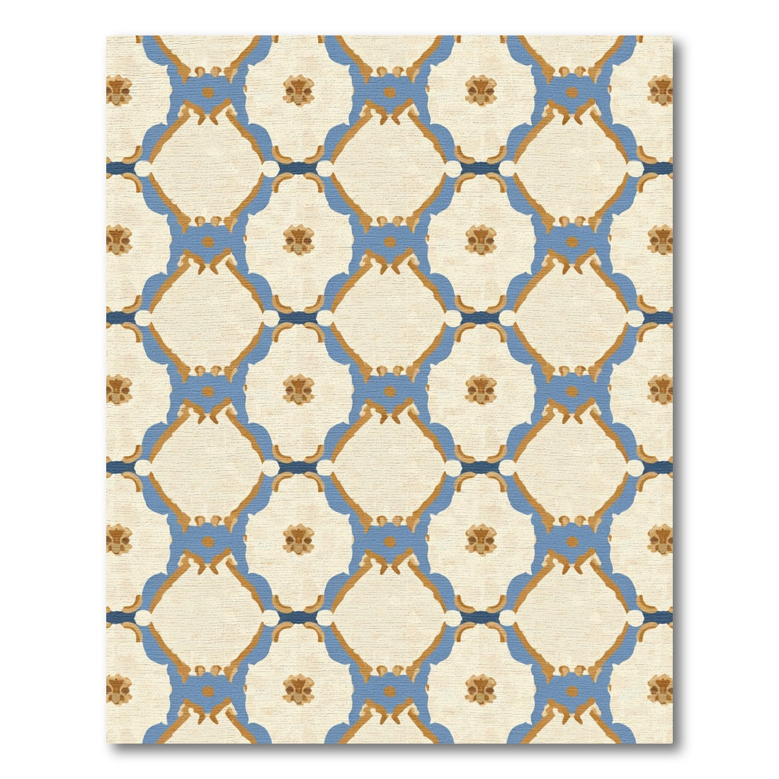 Cream Blue Gold Floral Lattice Rug