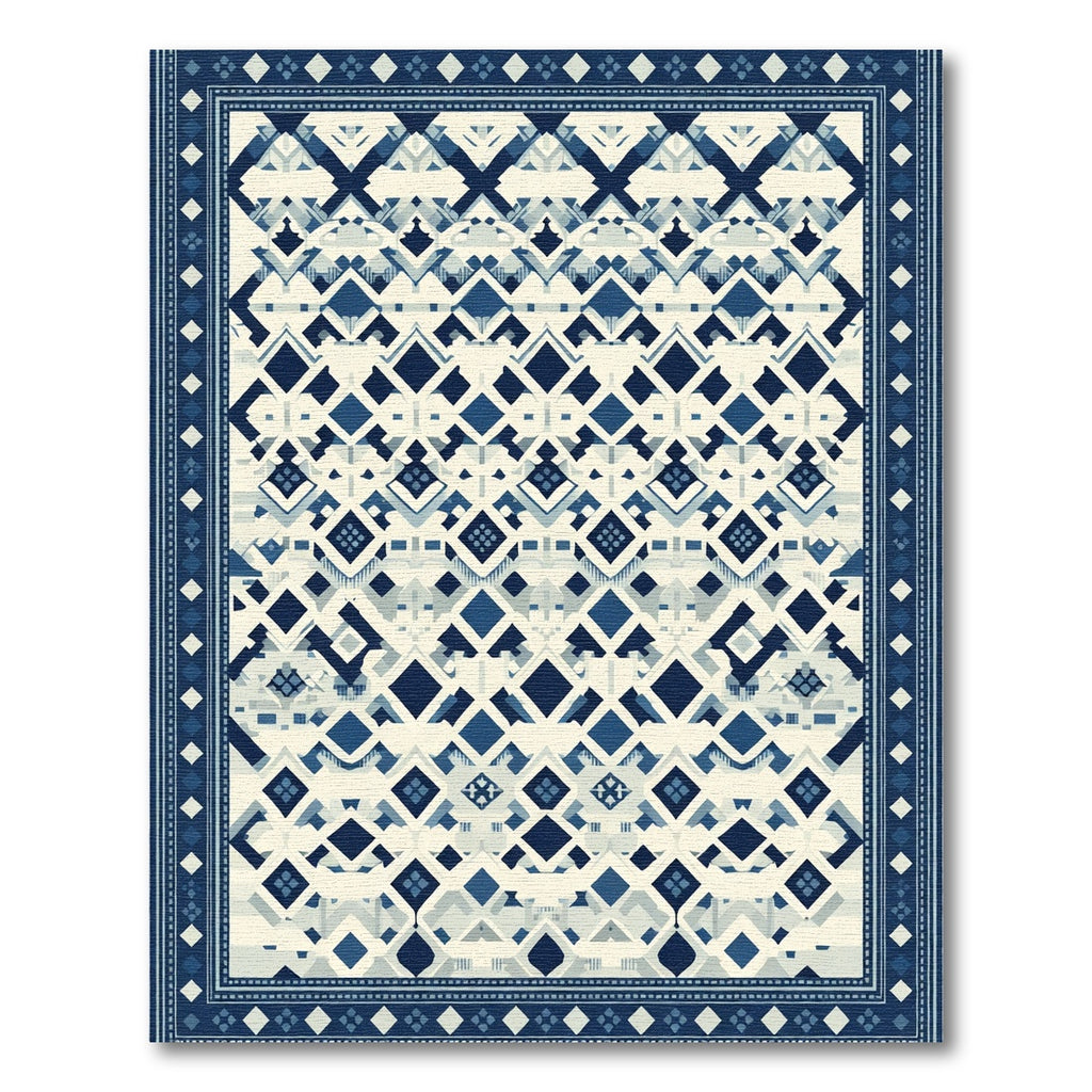Navy Blue White Diamond Geometric Rug