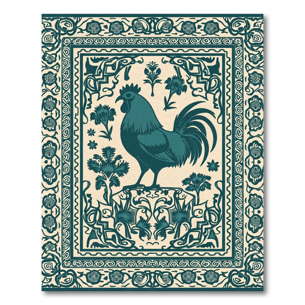 Teal Rooster Floral Bordered Rug